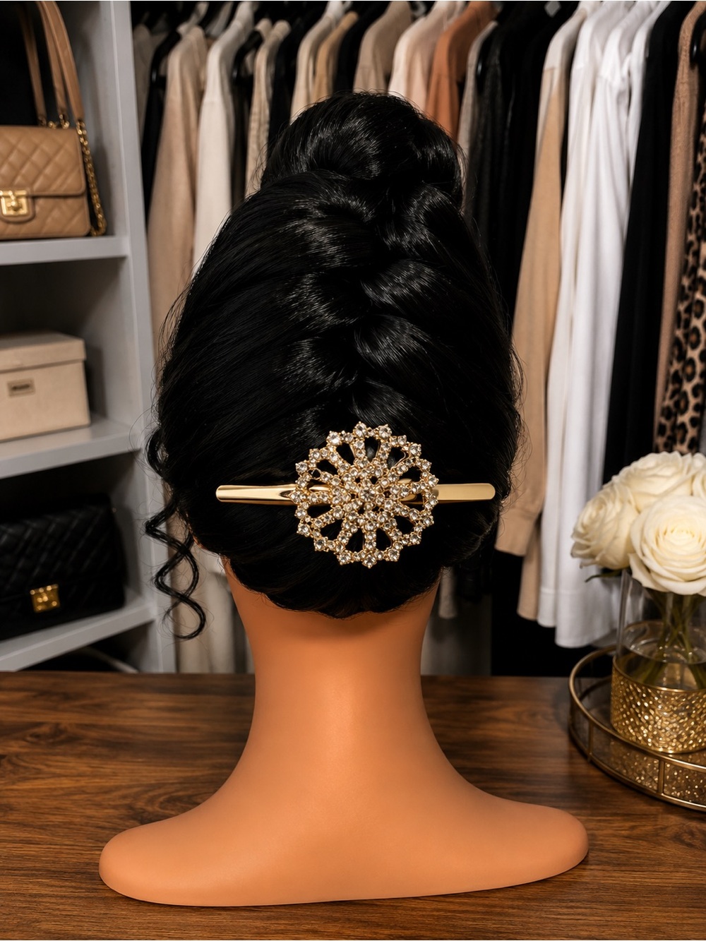 Gold Rhinestone Floral Hair Barrette - Elegant Women’s Accessory